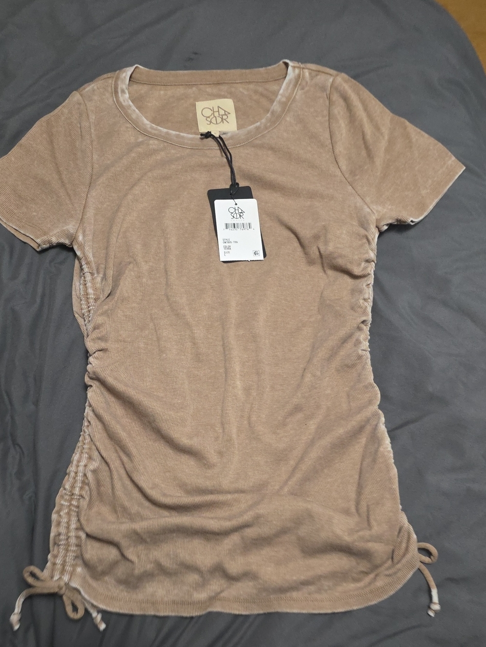 Chaser Taupe Side-Ruched Short Sleeve Tee